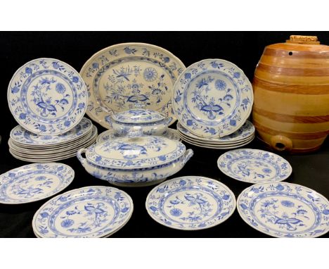 A Grimwades Meissen pattern blue and white part dinner service, including plates, tureen, meat plates etc;  a stoneware barre