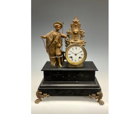 A French, Japy Freres style bronzed metal and black marble mantel clock, 39.5cm high x 31cm wide.
