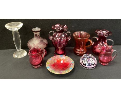 A Galle style ruby and frosted overlaid glass vase, decotated with butterflies and flowers;  Caithness or Perthshire glass Qu