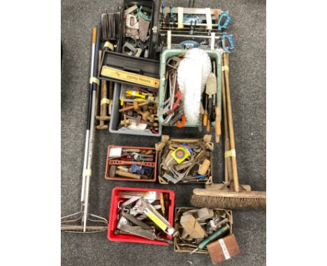 Tools - Garden, woodworking, mechanical; Clarke woodworker precision saw, another similar, brooms, pitchforks, shovel, saws, 