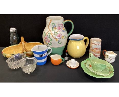 Mid century ceramics including large Crown Devon wash jug, 32cm high, Carlton ware, Cornish ware milk measuring jug, glass je