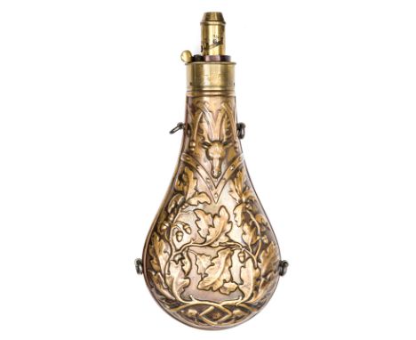 A copper powder flask “Oak leaf” (Riling 576), sprung brass charger with graduated nozzle 3¼ to 4 drams, by G & J W Hawksley,