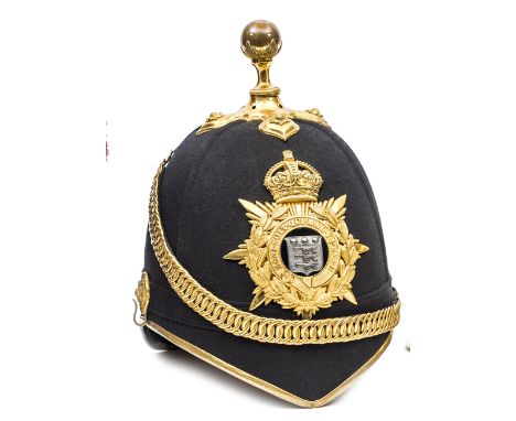 A post 1902 officers blue cloth ball topped helmet of the Army Service Corps,  gilt peak binding, cloth backed chinchain and 
