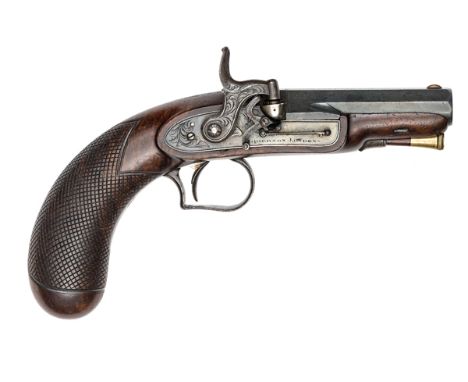 An interesting 38 bore pill lock pistol, by Grierson, London, 8” overall, sighted octagonal barrel 3½”, engraved “Grierson. B