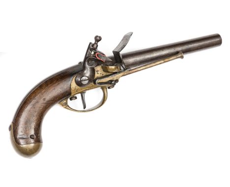 A French flintlock 14 bore Model 1777 military belt pistol, 13¾” overall, barrel 7½” stamped at the breech with proof marks a