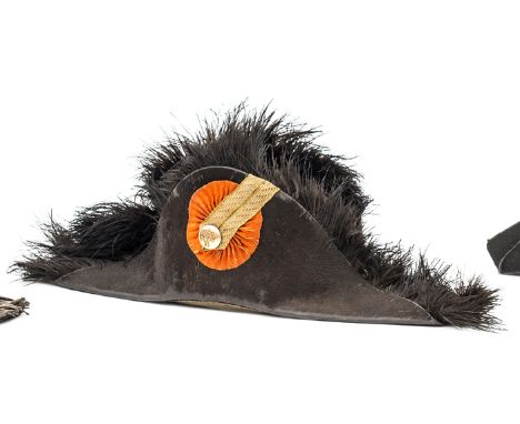 A late 19th century Dutch army officer’s cocked hat,  of black beaver, the edges trimmed with black swans feather, gilt lace 