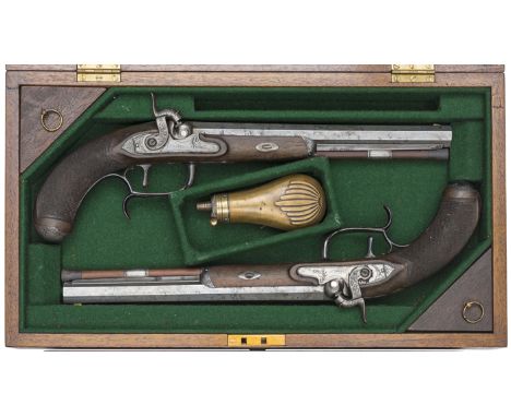 A pair of 36 bore percussion duelling pistols by D. Egg, converted from flintlocks of c 1790, 15” overall, octagonal twist ba