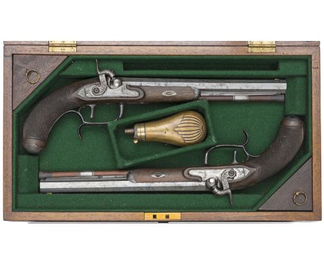 A pair of 36 bore percussion duelling pistols by D. Egg, converted from flintlocks of c 1790, 15” overall, octagonal twist ba