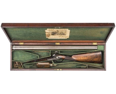 A cased double barrelled 20 bore percussion sporting gun, by Charles Moore, 772 St James’s Street, London”, 43½” overall, wel