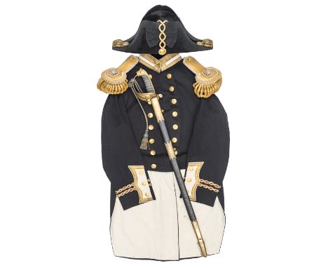 An officer’s full dress uniform, with sword, of a Lieutenant, Royal Naval Reserve c 1910,  comprising: cocked hat with bullio