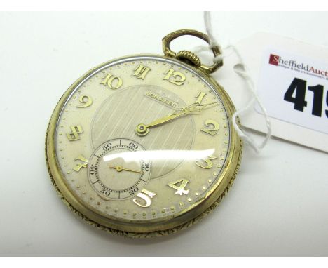 Longines; A "Gold Filled" Plated Cased Openface Pocketwatch,  the signed engine turned dial with Arabic numerals and seconds 