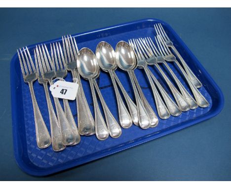 A Part Canteen of Matched Hallmarked Silver Bead Pattern Cutlery, George Adams, London 1863 (one fork), 1877, comprising two 