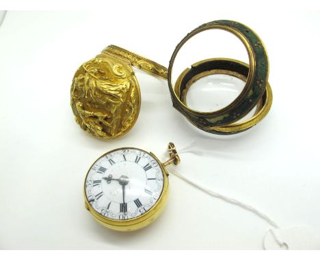 A Highly Decorative XVIII Century Pair Case Pocketwatch, the white dial with black Roman and Arabic numerals, the movement (s