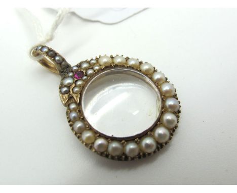 An Edwardian Pearl Set Locket Pendant, as a serpent, graduated set throughout, with central glazed panel, inscribed to the re