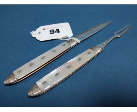 A Georgian Part Hallmarked Silver and Mother of Pearl Campaign Style Folding Fruit Knife and Fork, highly decorative with ins
