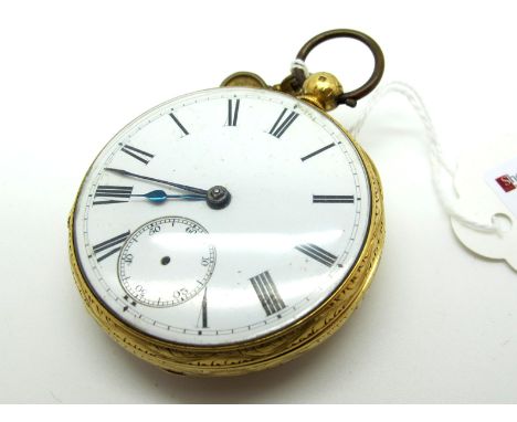 A Decorative 18ct Gold Cased Openface Pocketwatch, the white dial with black Roman numerals and seconds subsidiary dial (lack