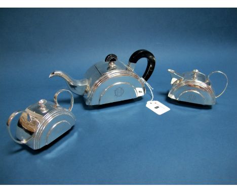 A Highly Stylish Art Deco Style Bachelor's Three Piece Tea Set, each of semi circular reeded design, with semi circular finia