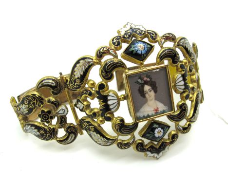 A Continental Enamel Bracelet, of wide graduated openwork design, square set to the centre with a hand painted miniature port