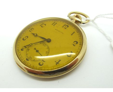 Zentih; A Slim Openface Pocketwatch, the signed dial with Arabic numerals and seconds subsidiary dial, (yellow plastic/plexi 
