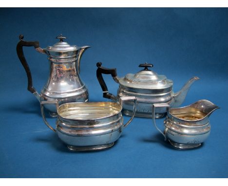 A Matched Hallmarked Silver Four Piece Tea Set, Messrs Hutton, Sheffield 1918, 1919, each of plain oval form, initialled "A",