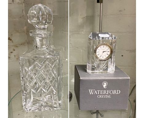 WATERFORD SIGNED CUT GLASS CRYSTAL DECANTER WITH A WATERFORD BOXED CRYSTAL CLOCK &amp; A WATERFORD CRYSTAL DESK CLOCK