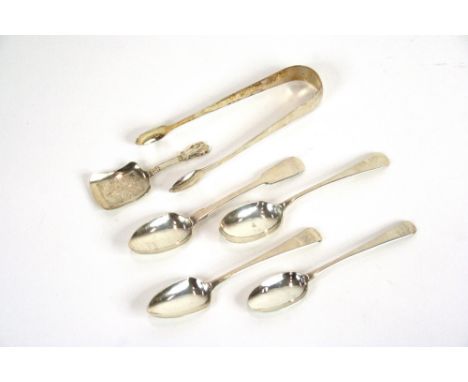 Two Georgian 'Old English' pattern teaspoons initialed; a 20th Century similar; a William IV silver 'Fiddle' pattern teaspoon