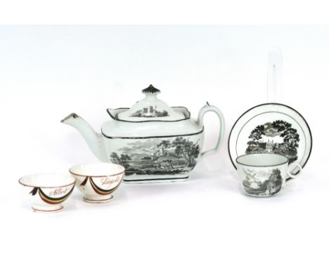 A 19th Century black and white transfer printed teapot; three similar cups and saucers; and a pair of continental porcelain t