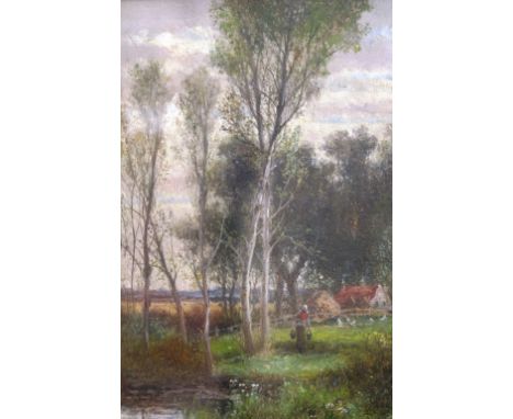 Hulk Junior, a pair of pastoral landscapes depicting figures beside a woodland river, cottages in the far ground, signed oils