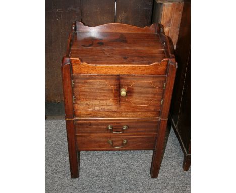 A Georgian mahogany and boxwood strung tray top night commode, raised on square section supports, 48.5cm wide