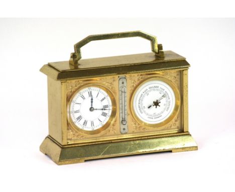 A brass cased clock, barometer and thermometer set, with angular swing handle, 19.5cm long x 13cm high 