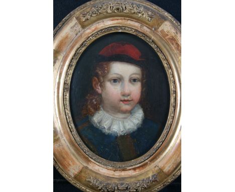 19th Century school, oval portrait study of a young girl with lace collar, wearing a red hat, unsigned oil on board, 23cm x 1