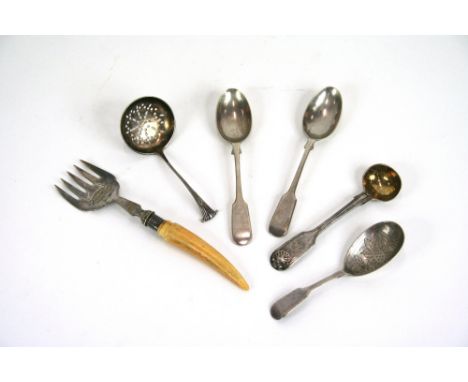 A Victorian silver caddy spoon, having foliate engraved bowl, London 1845; a pair of Victorian silver teaspoons, London 1898;