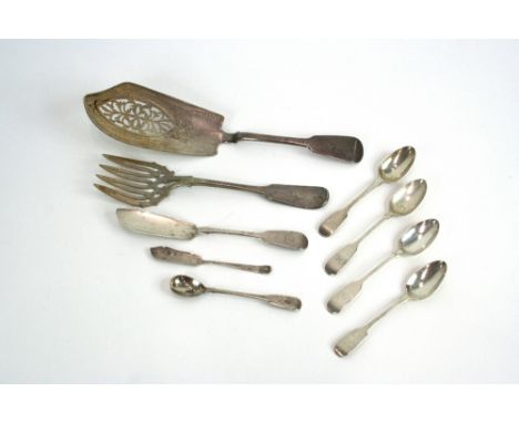 A George III silver 'Old English' patterned fish slice, London 1818; a plated fish serving fork; various silver spoons; butte