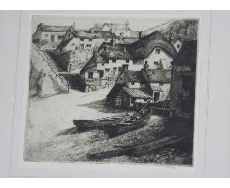 M Rudge, pencil signed etching of a harbour scene, possibly Cornwall, 22.5cm x 25.5cm and K.M. Watson, The Temple Church, Lon