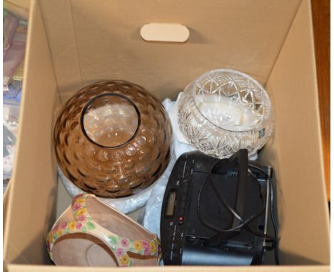 BOX CONTAINING CRYSTAL FRUIT BOWL, STEREO, POTTERY BASKET, GLASS BOWL ETC    