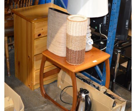 TEAK TABLE, PINE CHEST, 2 DECORATIVE VASES, TABLE LAMP, SMALL CHRISTMAS TREE &amp; JUG KETTLE    