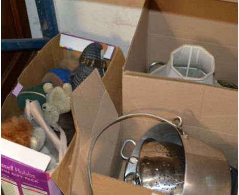 3 BOXES WITH KITCHEN WARE, LAMP SHADE, SOFT TOYS ETC    