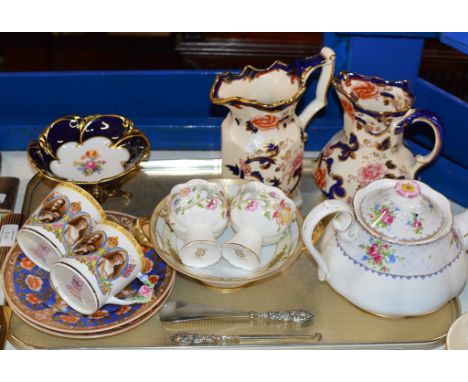 TRAY CONTAINING NORITAKE DISHES, PAIR OF PARAGON ROYALTY CUPS, MASONS JUGS ETC    