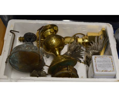BOX CONTAINING COLUMNED LAMP, EP COCKEREL ORNAMENTS, PARAFFIN BURNER ETC    