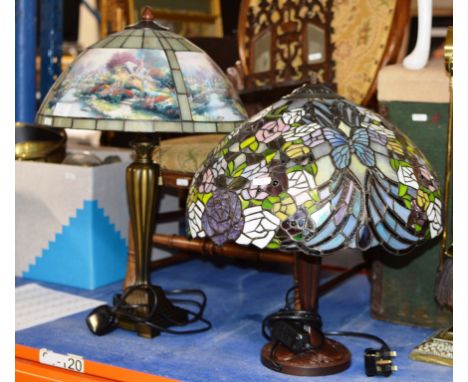 ART NOUVEAU STYLE TABLE LAMP WITH LEADED GLASS SHADE &amp; 1 OTHER DECORATIVE LAMP    