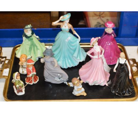 TRAY WITH ASSORTED FIGURINE ORNAMENTS, COALPORT, NAO, GOEBEL ETC    