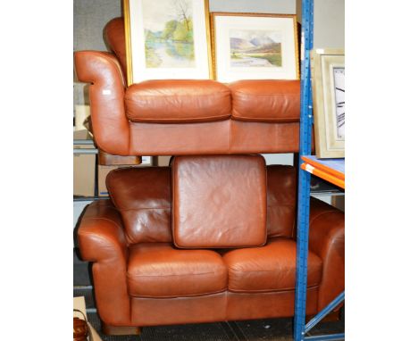 3 PIECE MODERN BROWN LEATHER LOUNGE SUITE COMPRISING 2 X 2 SEATER SETTEES &amp; FOOT STOOL    