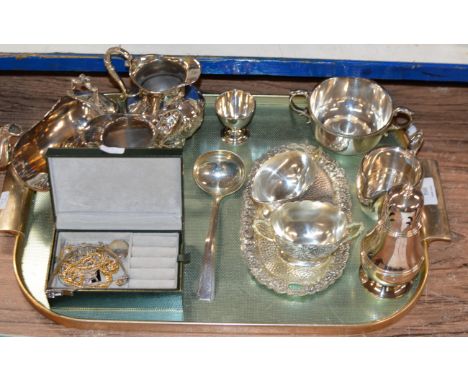 TRAY CONTAINING BIRMINGHAM SILVER LADLE, QUANTITY COSTUME JEWELLERY &amp; ASSORTED EP WARE    