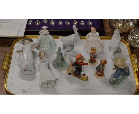 TRAY WITH ASSORTED FIGURINE ORNAMENTS, NAO, HUMMEL, DOULTON ETC    