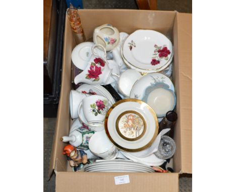BOX CONTAINING QUANTITY VARIOUS TEA WARE, HUMMEL STYLE FIGURINE, GALILEO THERMOMETER, CHOKIN DISH ETC    