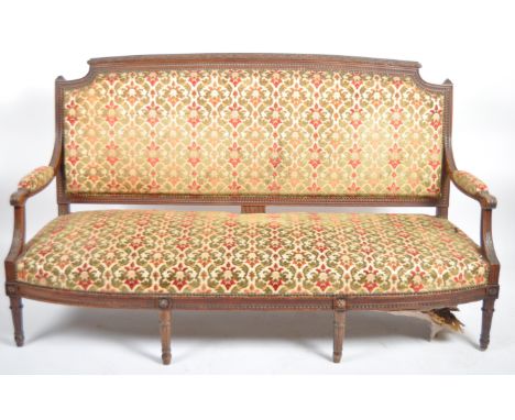 
19th century French Louis revival mahogany tapestry needlepoint upholstered Canape sofa settee. Raised on reeded&nbsp; and t