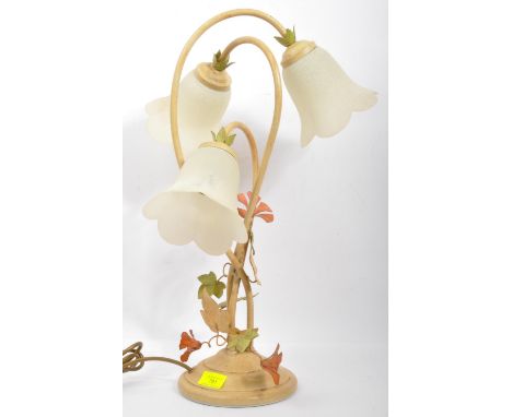 A vintage 20th century circa 1940s Italian style toleware metal &amp; glass table desk lamp light. The lamp having three flow