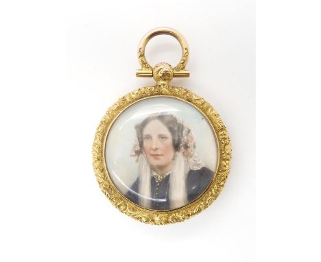 A VICTORIAN DOUBLE-SIDED LOCKET the foliate chased and engraved frame is set with two hand painted portrait miniatures, of a 