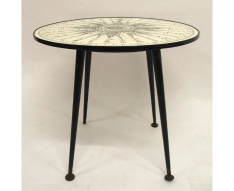 A MID 20TH CENTURY AFTER FORNASETTI&nbsp;CIRCULAR&nbsp;OCCASIONAL TABLE with revolving Formica top decorated with a sundial c