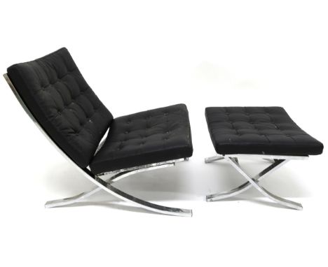A 20TH CENTURY AFTER&nbsp;LUDWIG MIES VAN DER ROHE "BARCELONA" CHAIR AND STOOL both with black leather button back upholstere